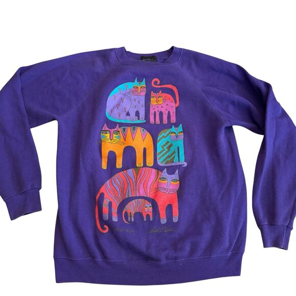 Vtg 90s Animal Kitten Cat Nature Crewneck Sweatshirt Mens L Abstract Art Purple - Picture 1 of 11